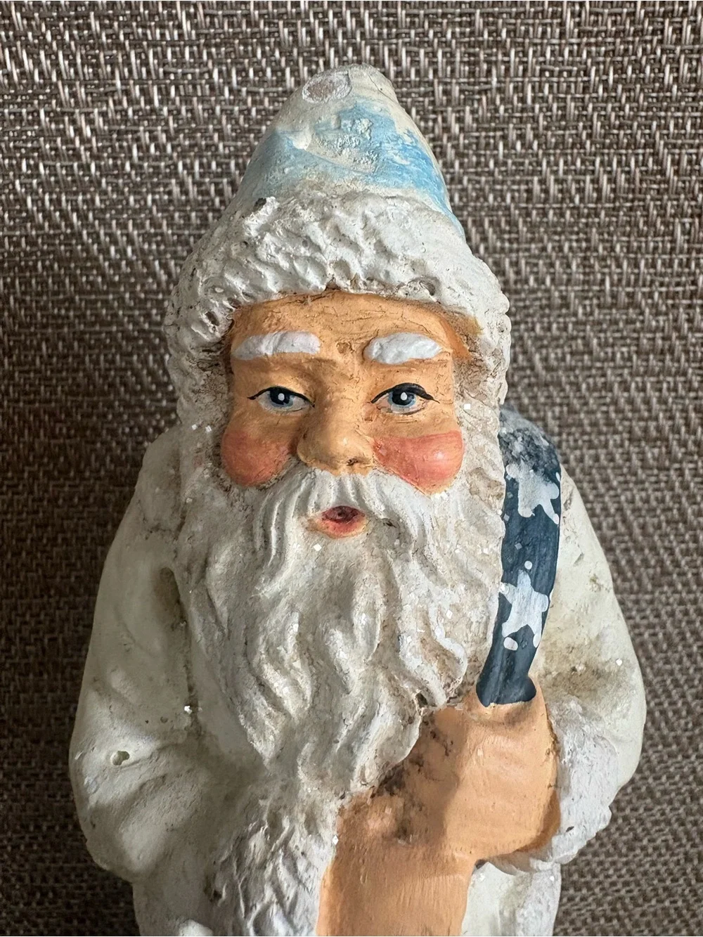 RAZ Imports White Father Christmas Santa Claus Figurine Blue Sack  Folk Art 7.5”